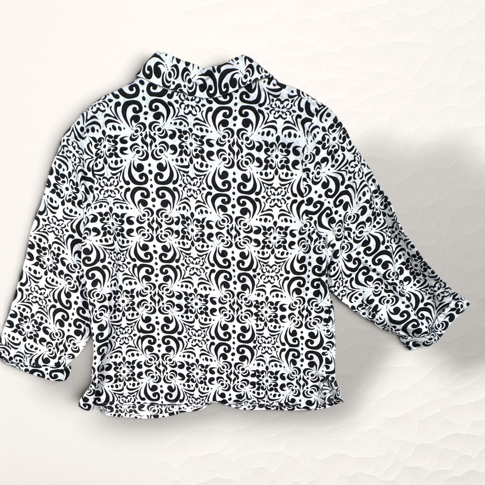 Carole Little 100% Linen  Womens 1X‎ White Black Abstract Boho Button Down Shirt